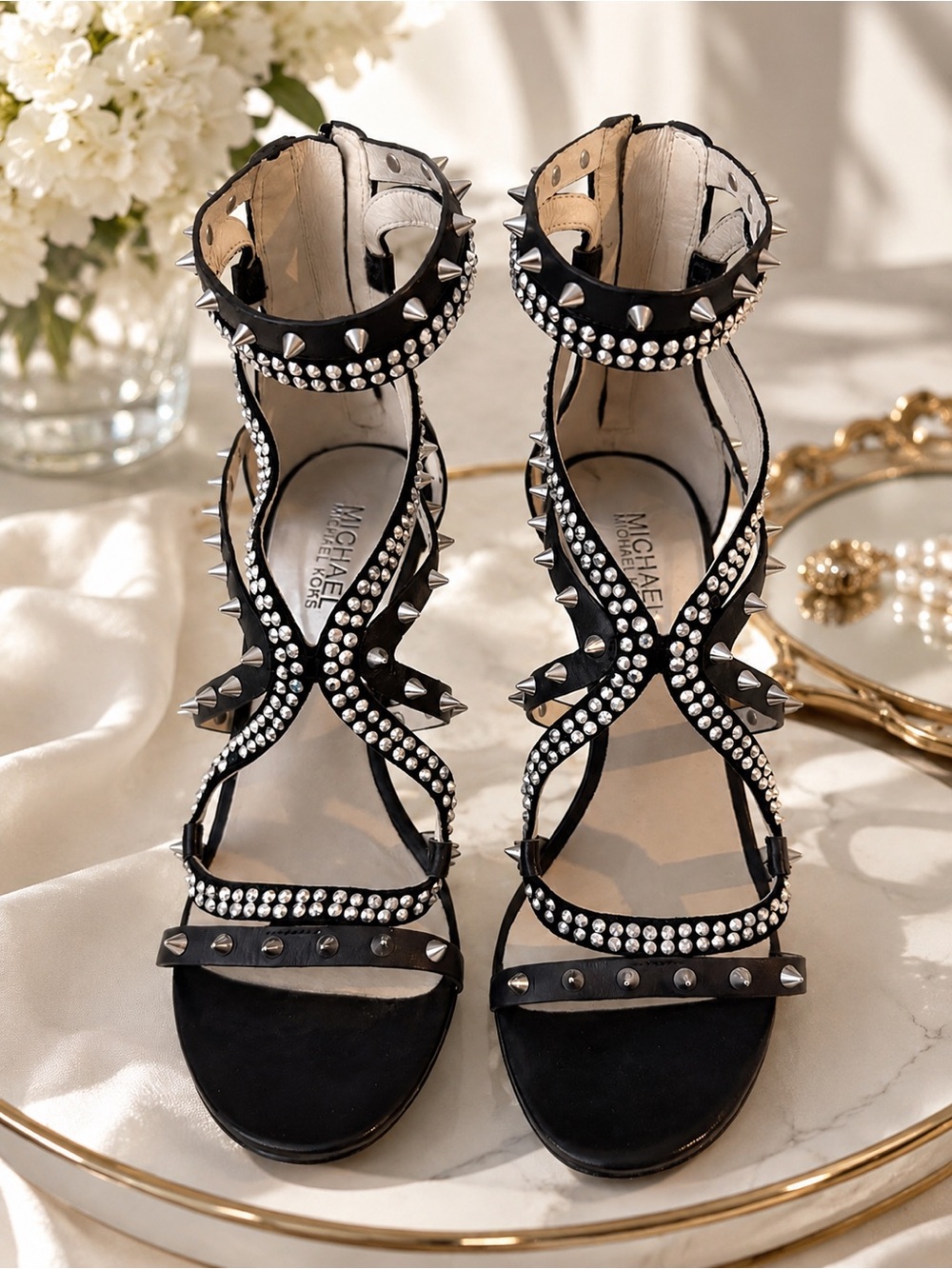 Michael Kors Crystal Spike Stud Gladiator Heels Sandals Black Leather 8.5M